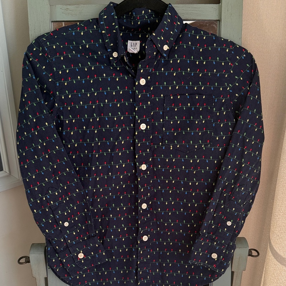 GAP Boys Navy Blue Button Up Shirt with Christmas Lights